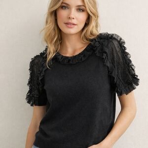 Sioni Milano Sweater Black Short Sleeve Ruffle Mesh Trim Sz XL Dark Romantic